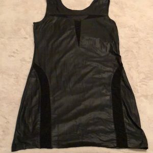 🔥Sexy Little Black Tank Dress Mesh Shiny Wet Faux Leather Bodycon M Sleeveless